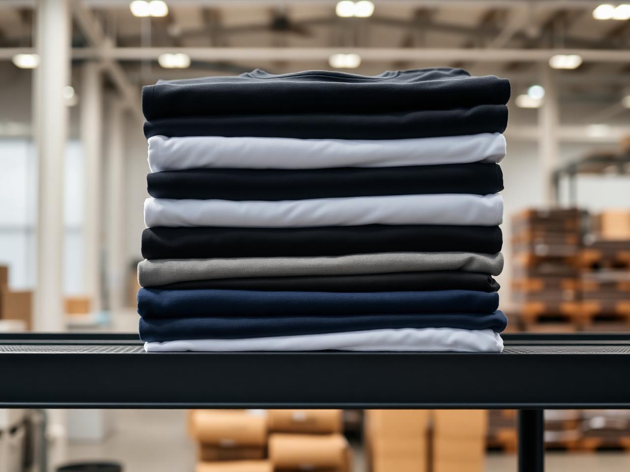 Stacked premium blank t-shirts in the warehouse, ready for printing